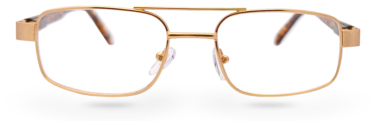 Eyelevel-UK Jury Brown rectangular reading glasses with a gold metal frame and tortoiseshell temple tips