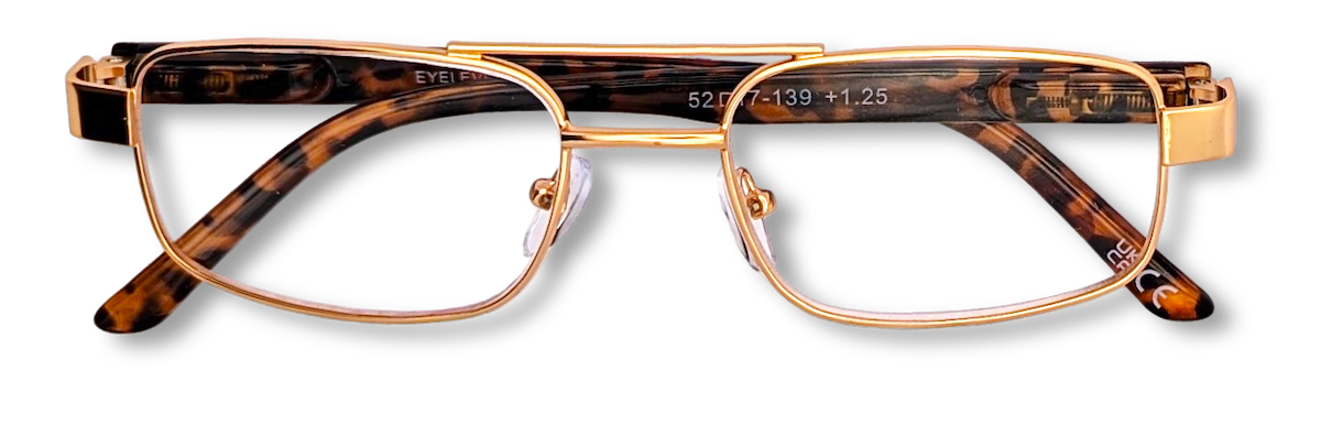 Eyelevel-UK Jury Brown rectangular reading glasses with gold metal and tortoiseshell frame details.