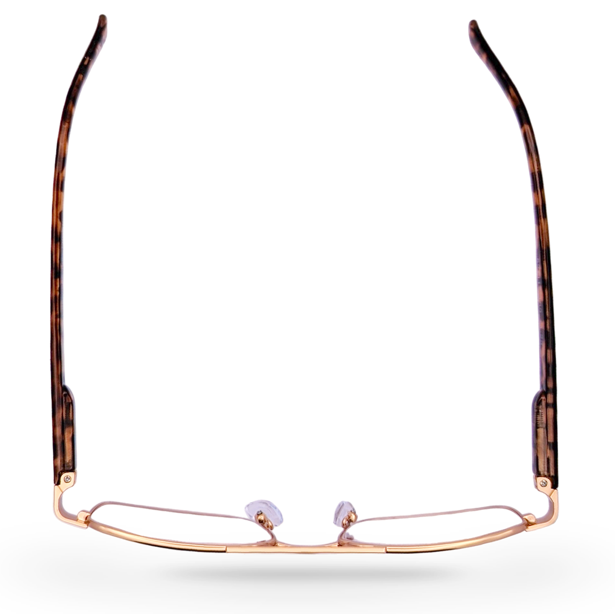 Eyelevel-UK Jury brown rectangular reading glasses with gold metal frame and tortoiseshell arms viewed from above.