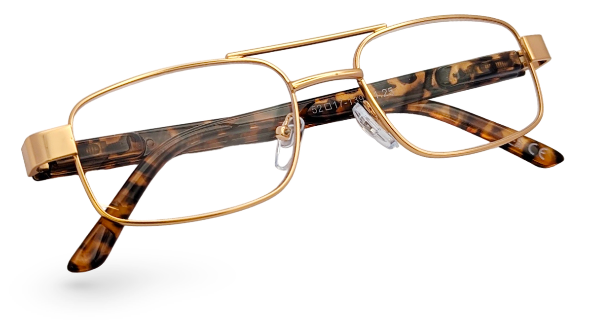 Eyelevel-UK Jury brown rectangular reading glasses with a gold metal frame and tortoiseshell patterned arms