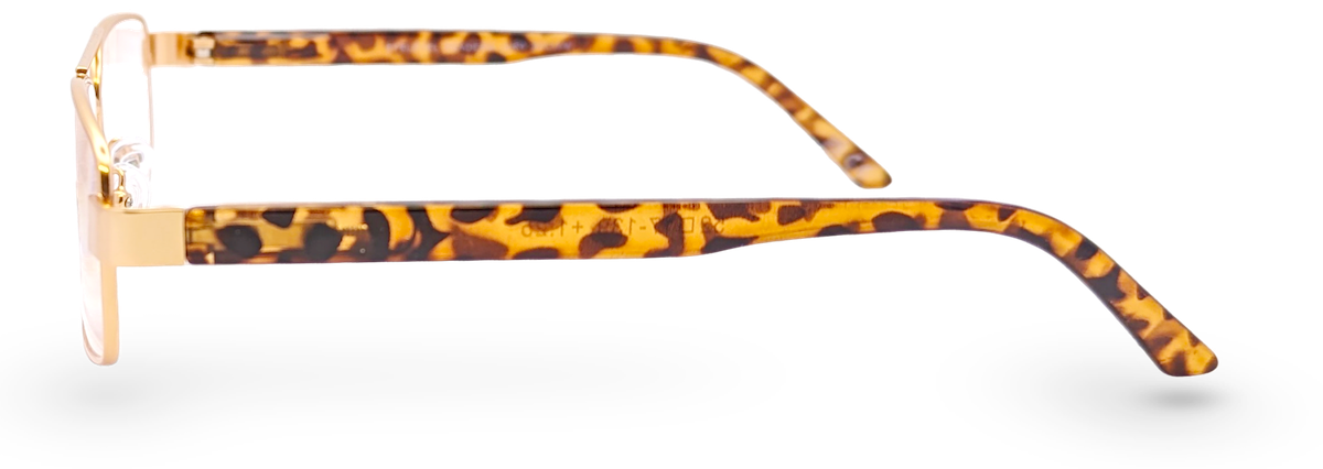Eyelevel-UK Jury brown rectangular reading glasses with gold metal and tortoiseshell patterned arms, side view.