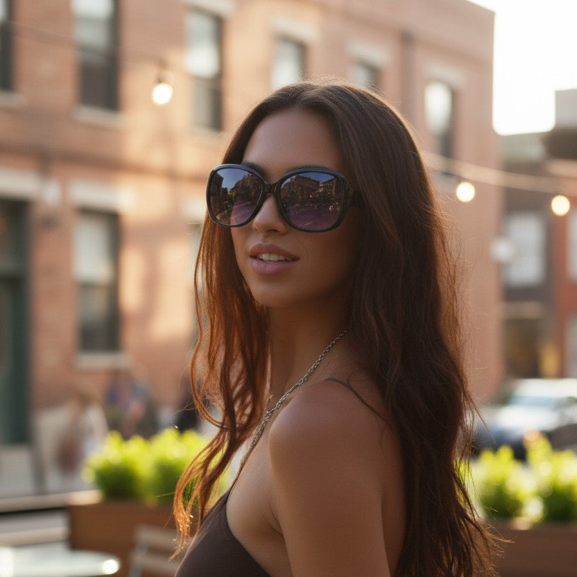 Woman wearing Eyelevel-UK Kate oversized black sunglasses with grey gradient lenses in an outdoor urban setting