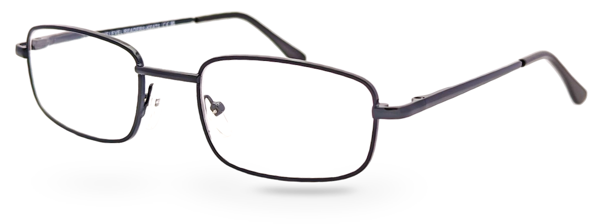 Eyelevel-UK Keats reading glasses with a dark grey rectangular metal frame and clear magnifying lenses