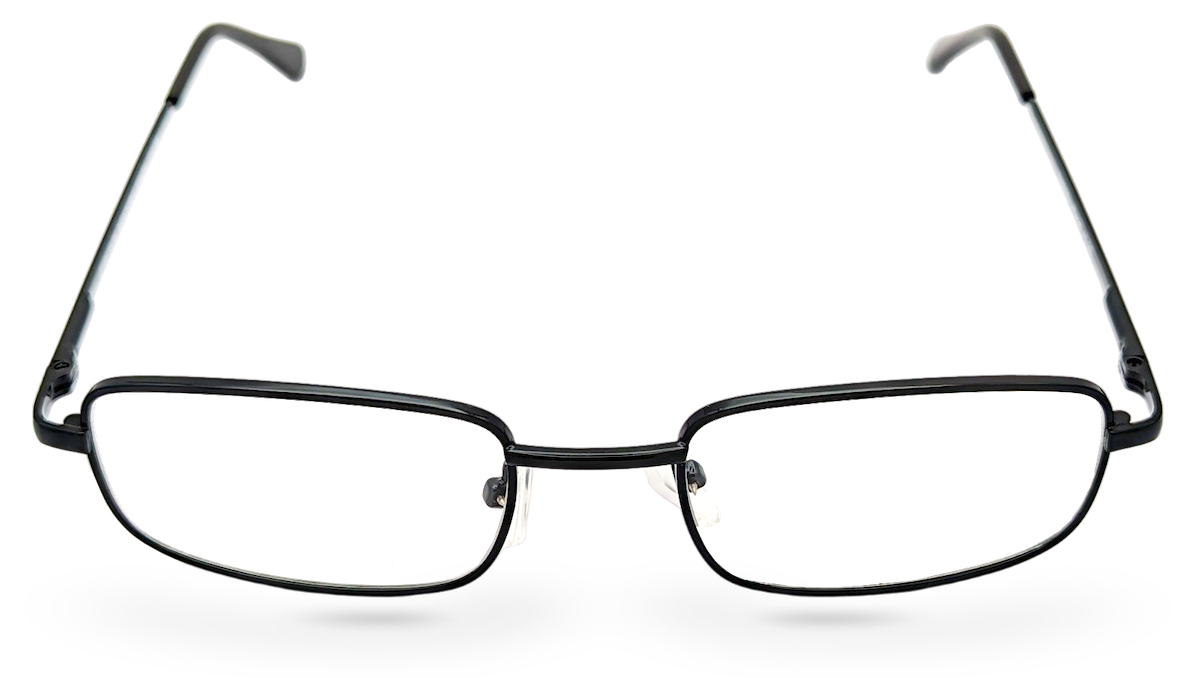 Eyelevel-UK Keats reading glasses with a dark grey rectangular metal frame and clear magnifying lenses.