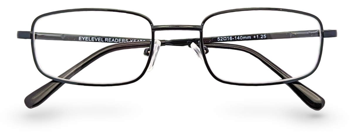 Eyelevel-UK Keats reading glasses with a dark grey rectangular metal frame and clear magnifying lenses