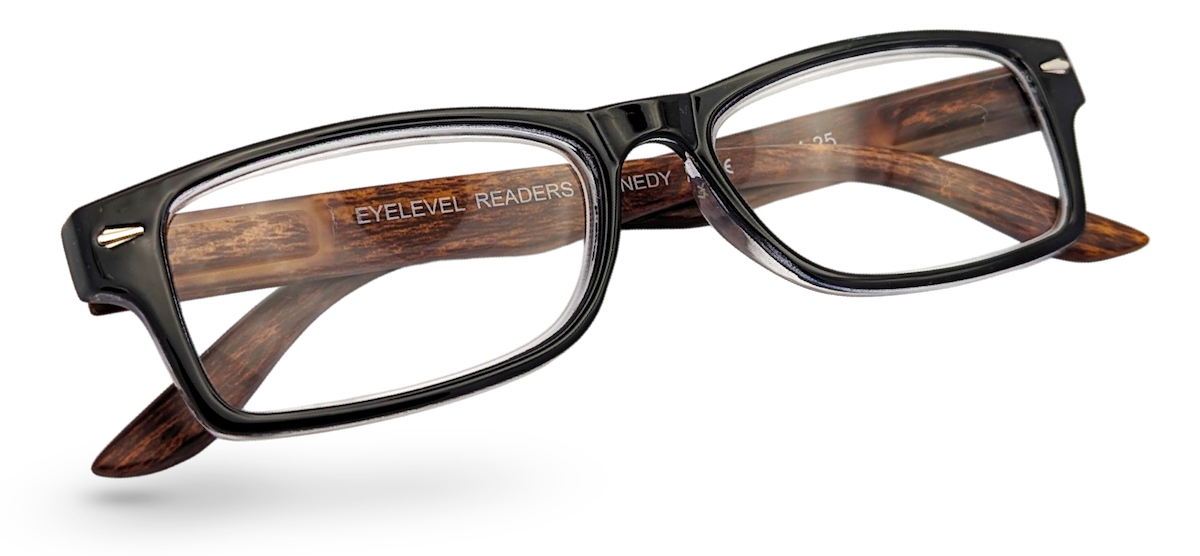 Eyelevel-UK Kennedy reading glasses with a black and wood effect rectangular frame and clear magnifying lenses.
