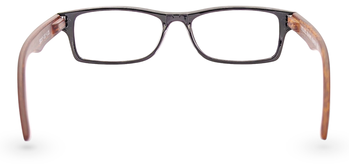 Eyelevel-UK Kennedy reading glasses with a black rectangular frame and wood effect temples, viewed from the front.