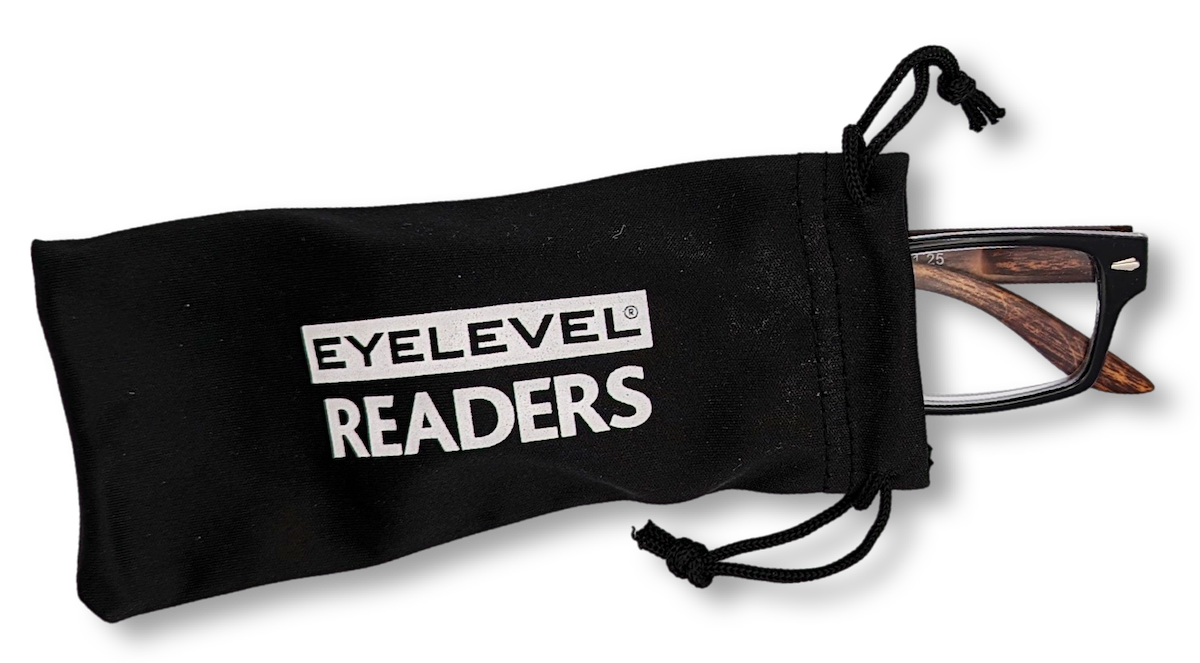 Eyelevel-UK Kennedy reading glasses with wood effect rectangular frames inside a black branded drawstring pouch