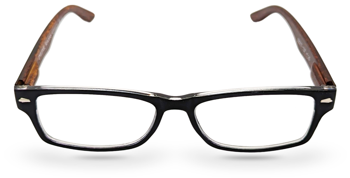 Eyelevel-UK Kennedy reading glasses with a black and wood effect rectangular frame and clear magnifying lenses.