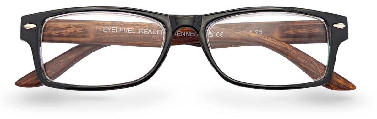 Eyelevel-UK Kennedy reading glasses with a black and wood effect rectangular frame and clear magnifying lenses.