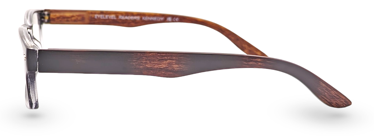 Eyelevel-UK Kennedy reading glasses with a rectangular black and wood effect frame, shown from a side profile view.