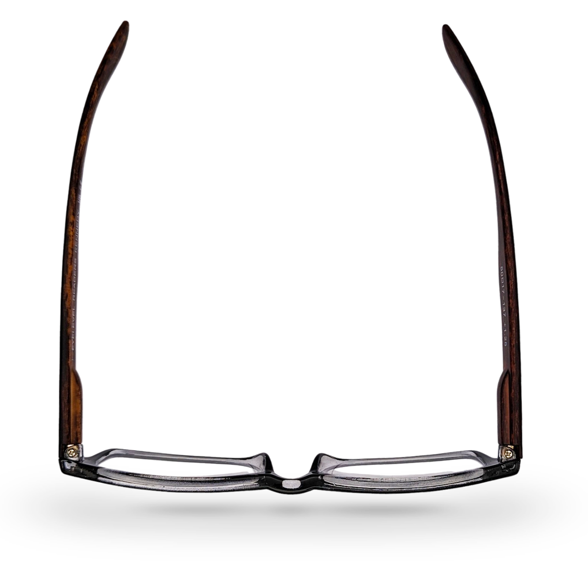 Eyelevel-UK Kennedy reading glasses with a rectangular black and wood effect frame seen from a top-down perspective.