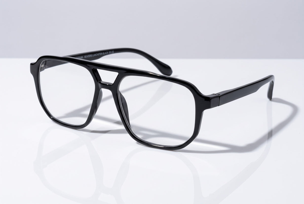 Eyelevel-UK Lancaster black square reading glasses with a full rim plastic frame and clear magnifying lenses