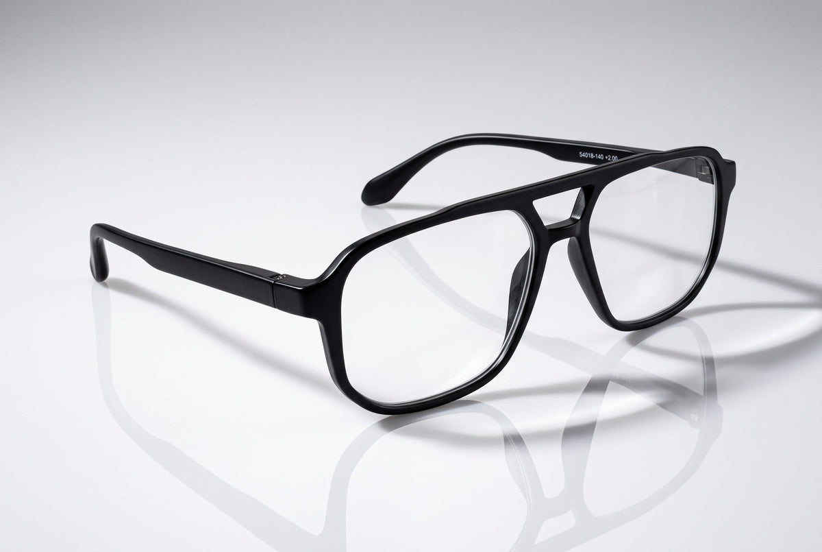 Eyelevel-UK Lancaster black square reading glasses with a full rim plastic frame and clear magnifying lenses.