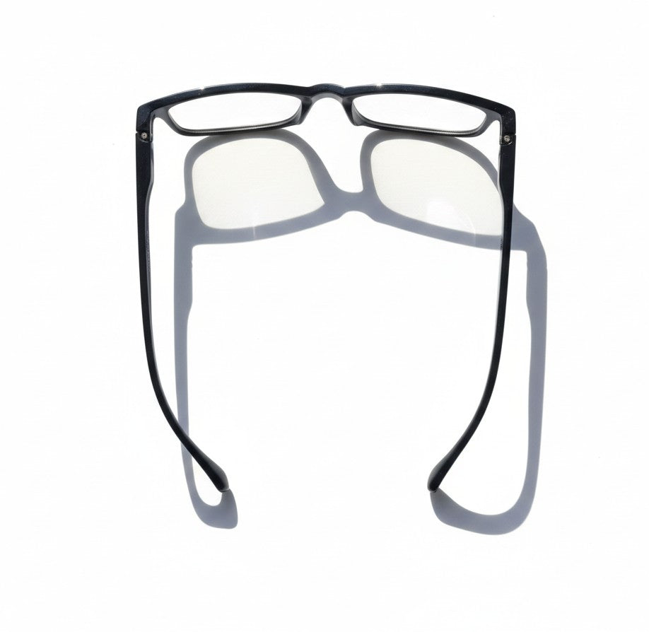 Eyelevel-UK Lancaster black square reading glasses with full rim plastic frames viewed from above
