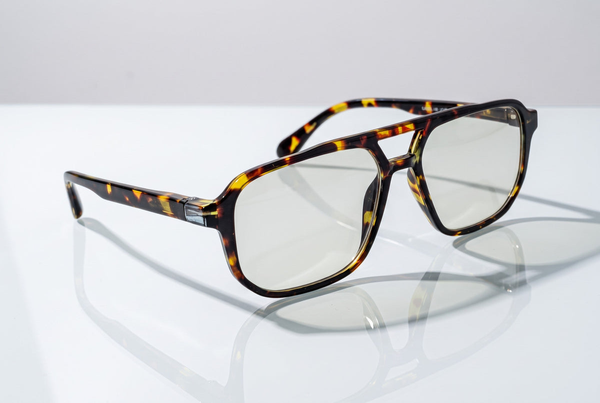 Eyelevel-UK Lancaster brown tortoiseshell square reading glasses with a retro double bridge design on a white surface.