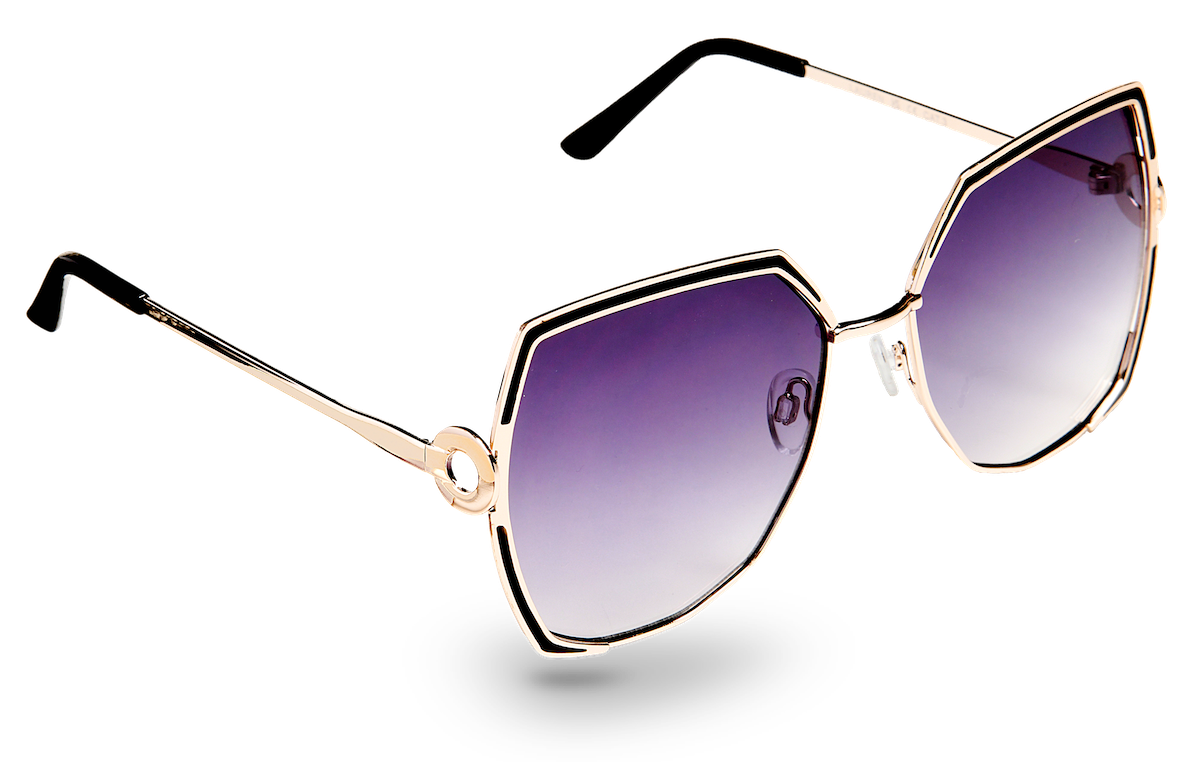 Eyelevel-UK Lauren geometric ladies sunglasses with light gold frame, black inlay, and grey gradient UV400 lenses.