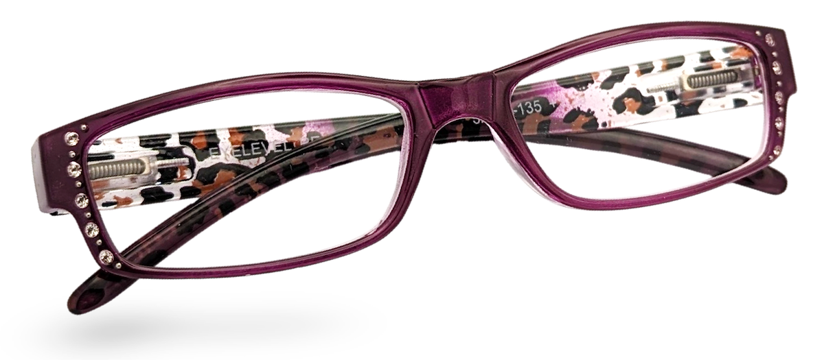 Eyelevel-UK leopard print rectangular reading glasses with pink frames and decorative rhinestones on the temples.
