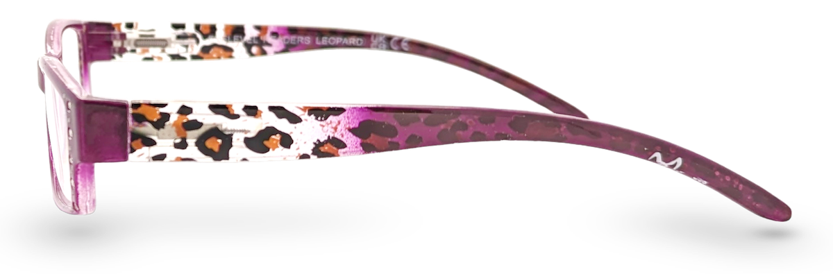 Eyelevel-UK leopard print reading glasses with a pink rectangular plastic frame, side profile view.