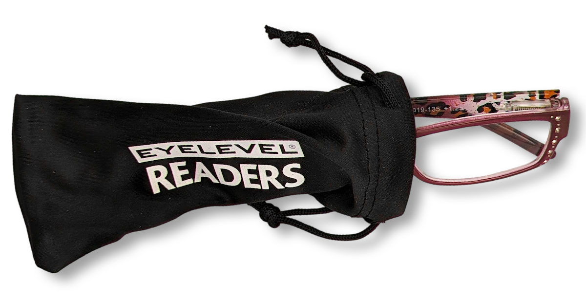 Eyelevel-UK leopard print rectangular reading glasses partially inside a black branded drawstring storage pouch