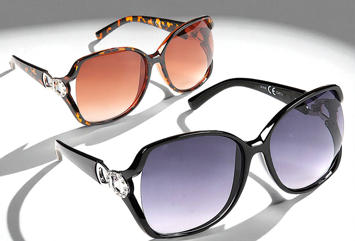 Eyelevel-UK Lexie oversized ladies sunglasses in brown tortoiseshell and black with gradient lenses and jewelled arms