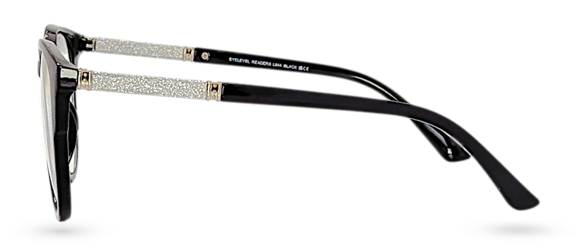 Eyelevel-UK Lima black reading glasses with round frames and silver glitter detail on the arms, side view.