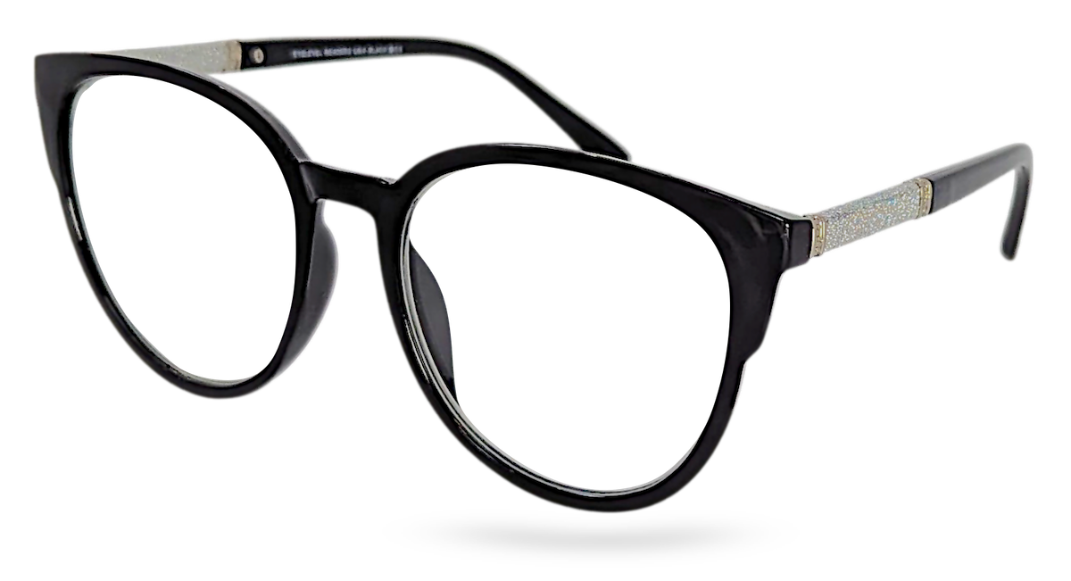Eyelevel-UK Lima black round reading glasses with glitter detail on the arms and clear magnifying lenses