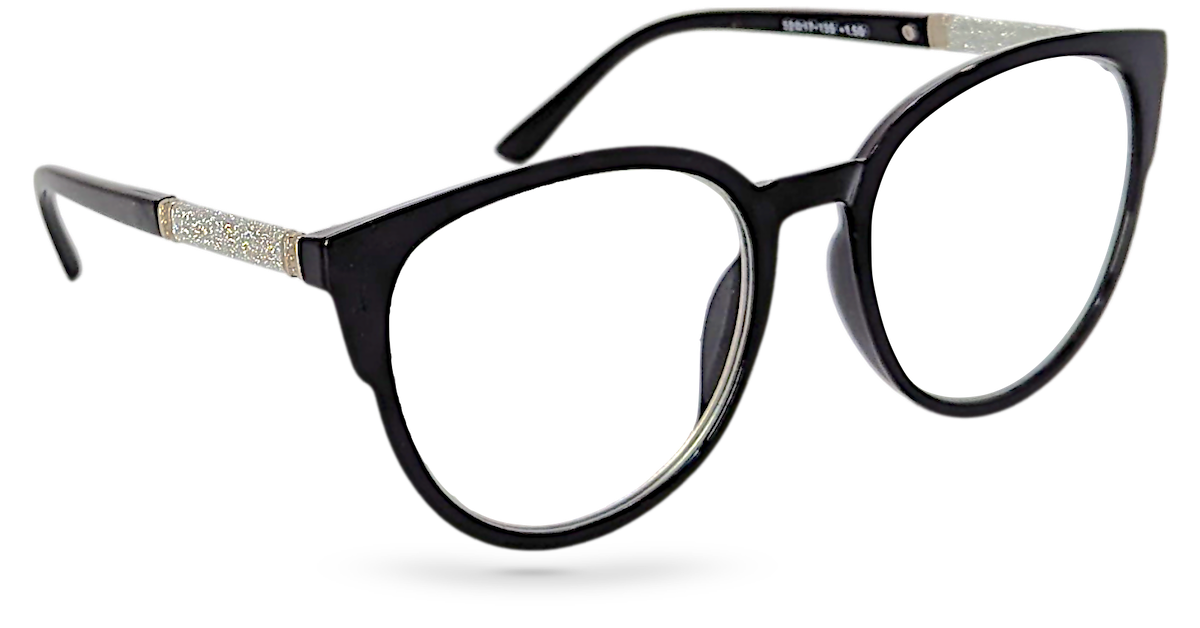 Eyelevel-UK Lima black round reading glasses with glitter detail on the arms and clear magnifying lenses.