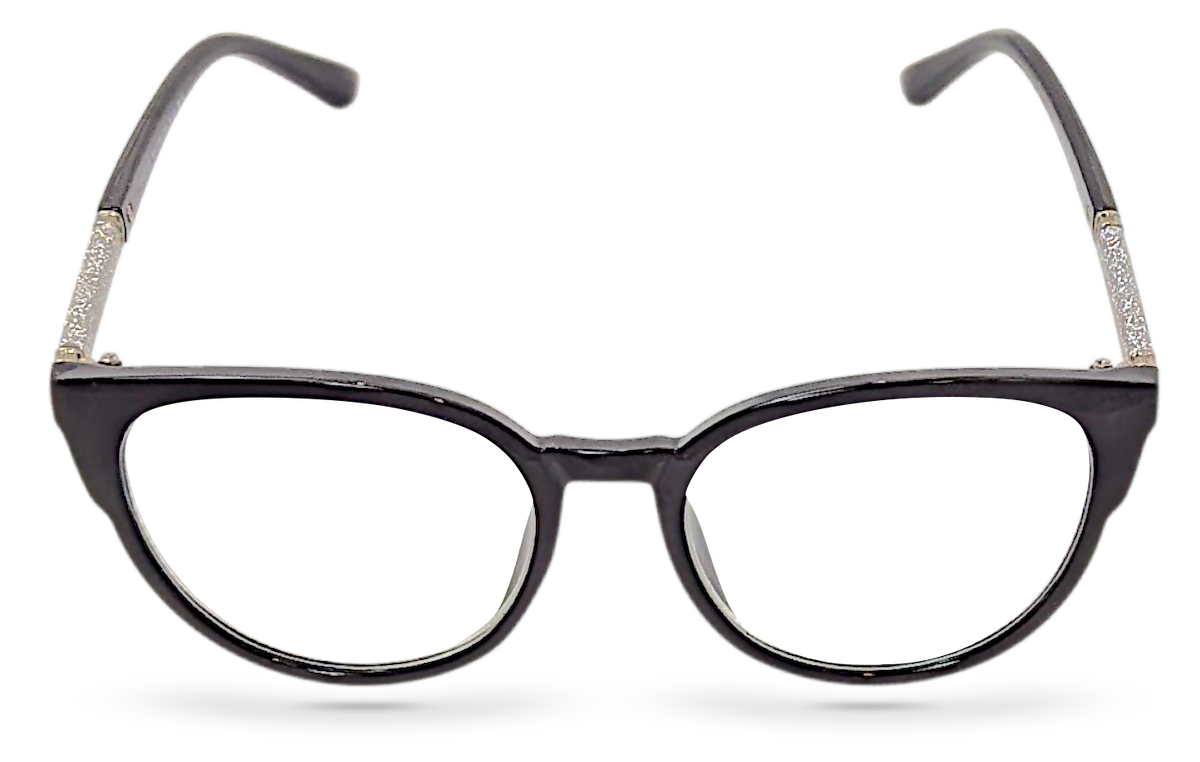 Eyelevel-UK Lima black round reading glasses with glitter detail on the arms and clear magnifying lenses