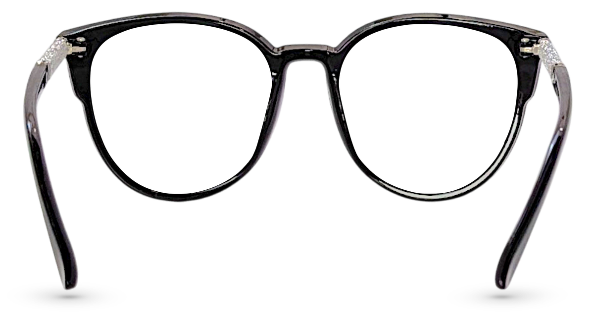 Eyelevel-UK Lima black round reading glasses with glitter detail on the arms and clear magnifying lenses