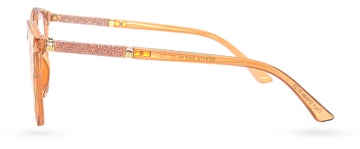 Eyelevel-UK Lima Rose reading glasses with a rose-colored round frame and glitter-detailed arms, side view.