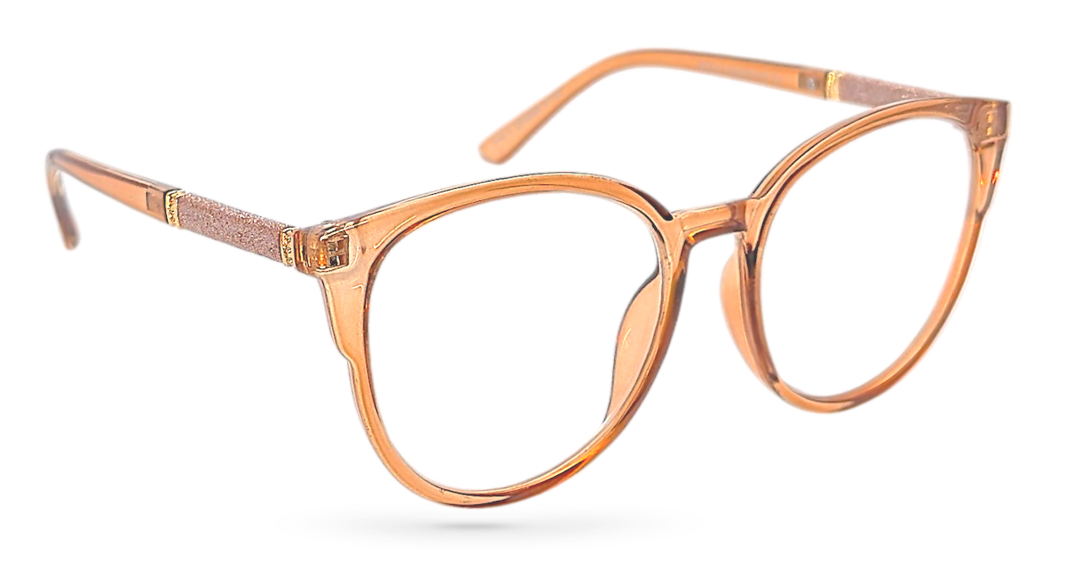 Eyelevel-UK Lima Rose reading glasses with a round rose-coloured frame and glitter detail on the arms.
