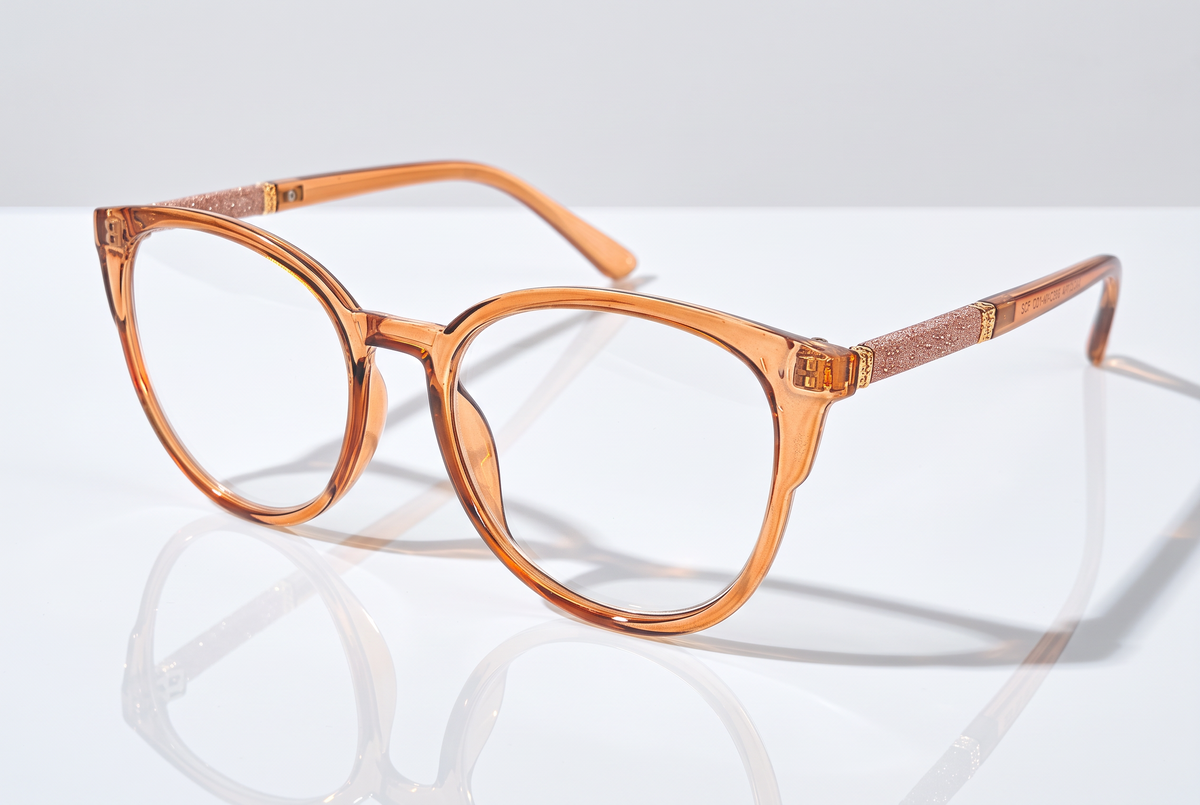 Eyelevel-UK Lima Rose reading glasses with round translucent rose frames and glitter detail on the arms