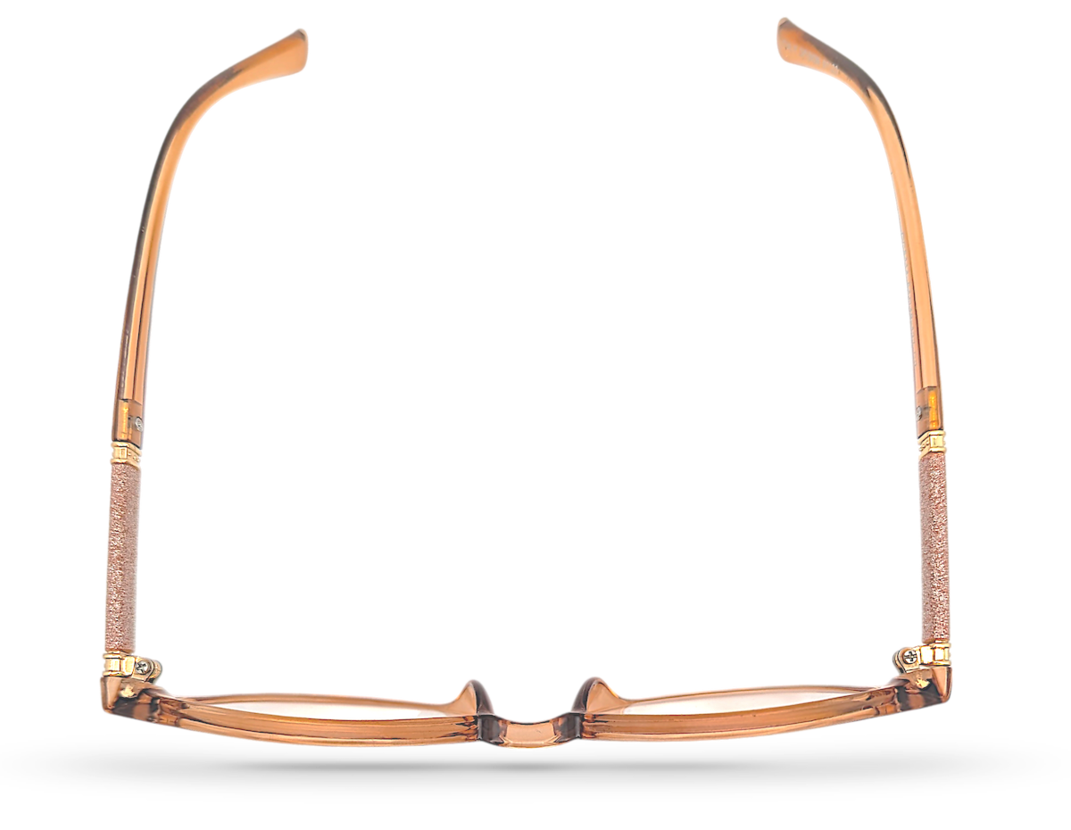 Eyelevel-UK Lima Rose reading glasses with a round rose frame and glitter detail on the arms, top-down view.