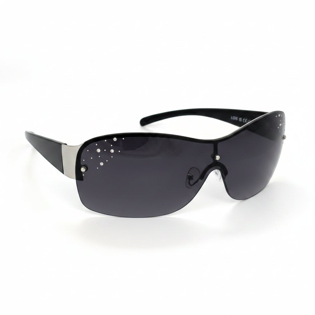 Eyelevel-UK Lois wraparound sunglasses in black and silver with grey gradient lenses and decorative stone accents.