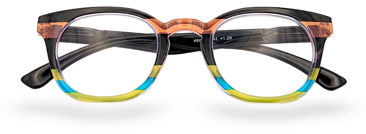 Eyelevel-UK Majestic reading glasses with a black and multicolour translucent rounded-square plastic frame.