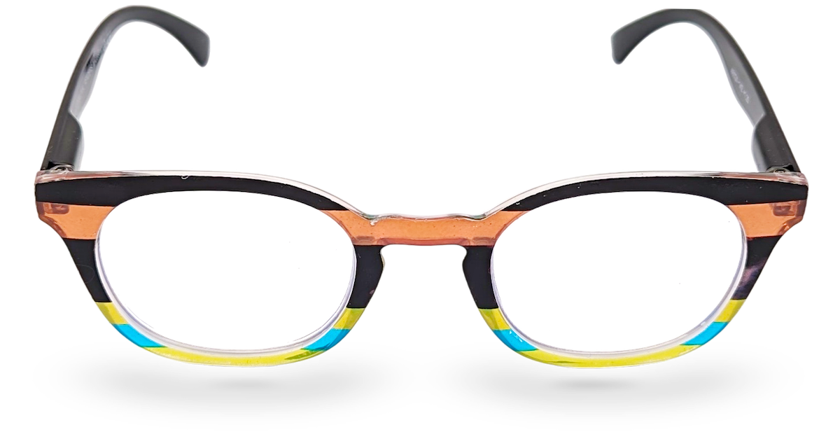 Eyelevel-UK Majestic reading glasses with rounded-square black and multicoloured translucent frames.