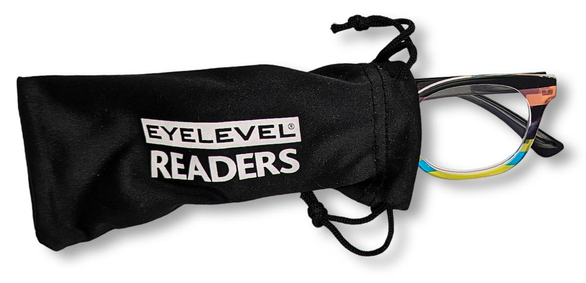 Eyelevel-UK Majestic reading glasses with a black and multicolour frame, partially inside a black drawstring pouch.