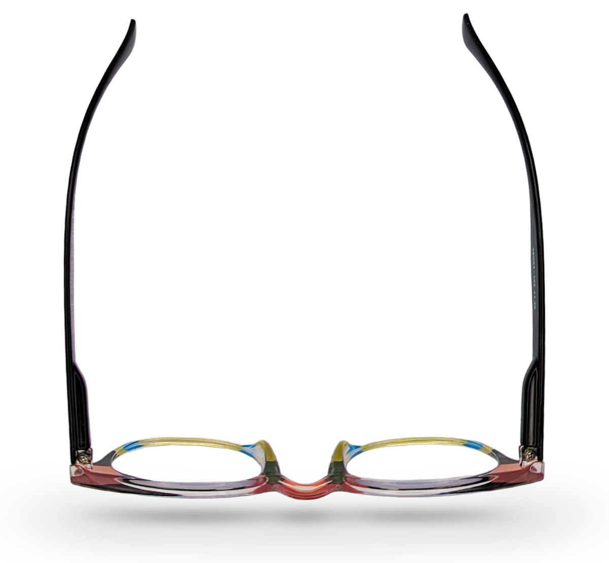 Eyelevel-UK Majestic reading glasses with black upper rims and translucent multicolour lower rims and temples