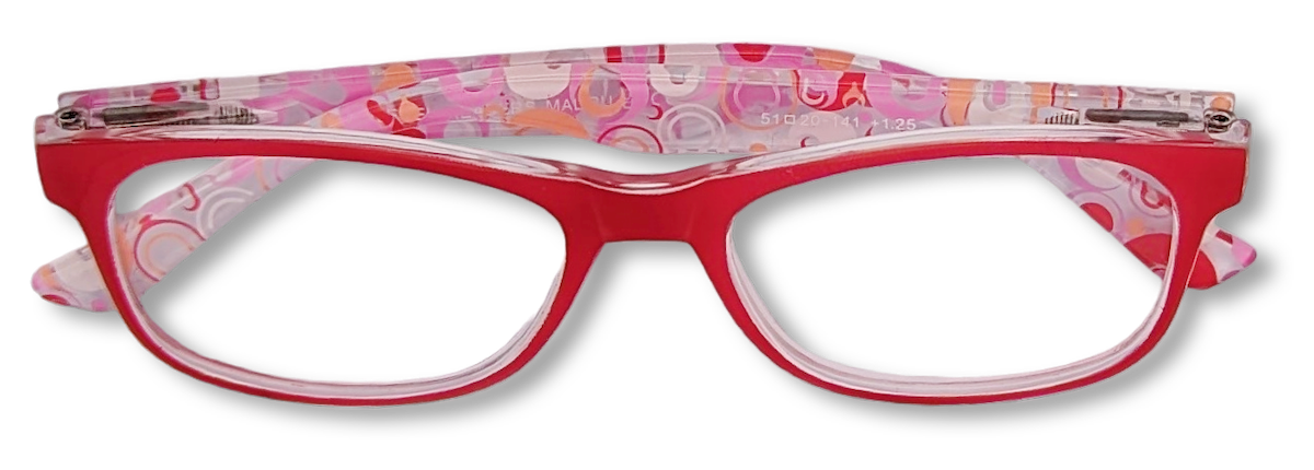 Eyelevel-UK Malibu reading glasses with a red front frame and multicolour patterned temples in a squared shape.