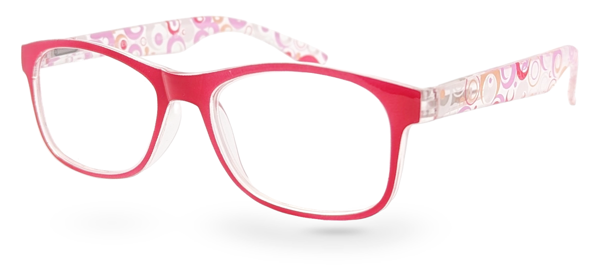 Eyelevel-UK Malibu reading glasses with a red and pink multicolour patterned frame and clear magnifying lenses.