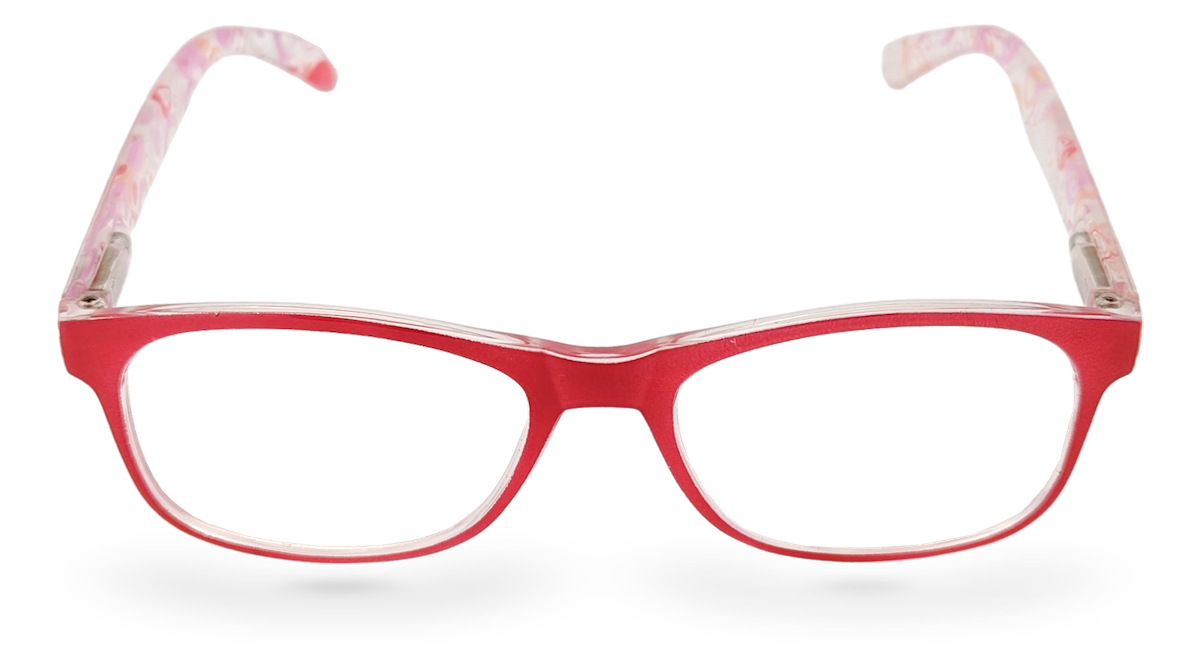 Eyelevel-UK Malibu reading glasses with a red and pink multicolour squared frame and clear magnifying lenses