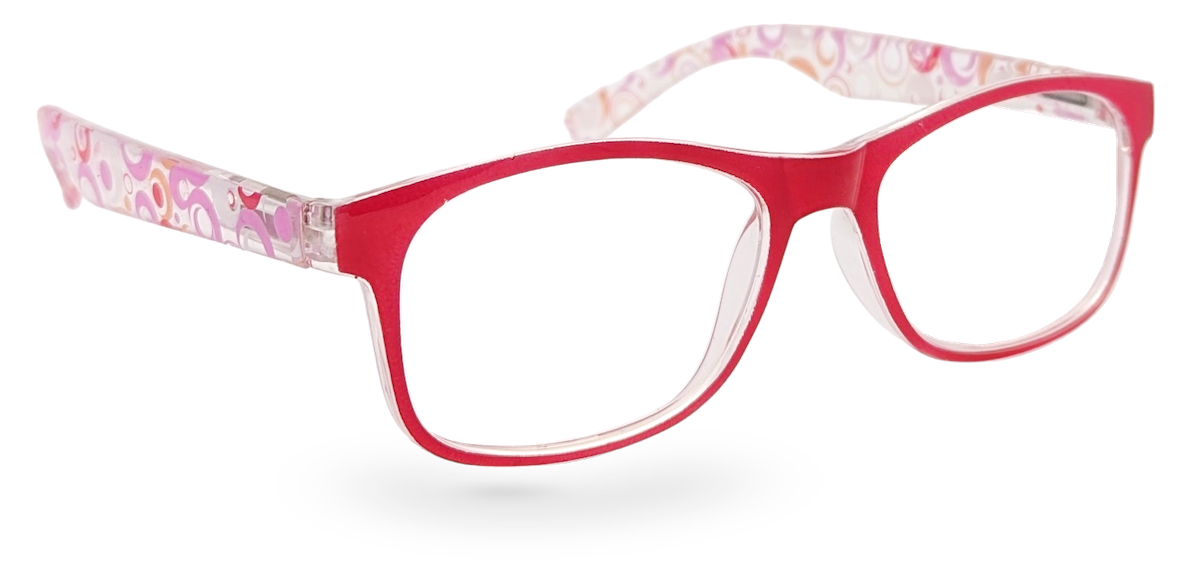 Eyelevel-UK Malibu reading glasses with a red and pink multicolour squared plastic frame and clear magnifying lenses.