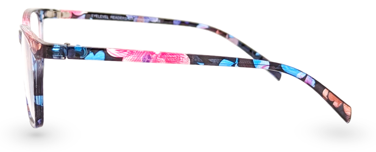 Eyelevel-UK Martinique reading glasses with a black and multicolour floral square plastic frame, side view