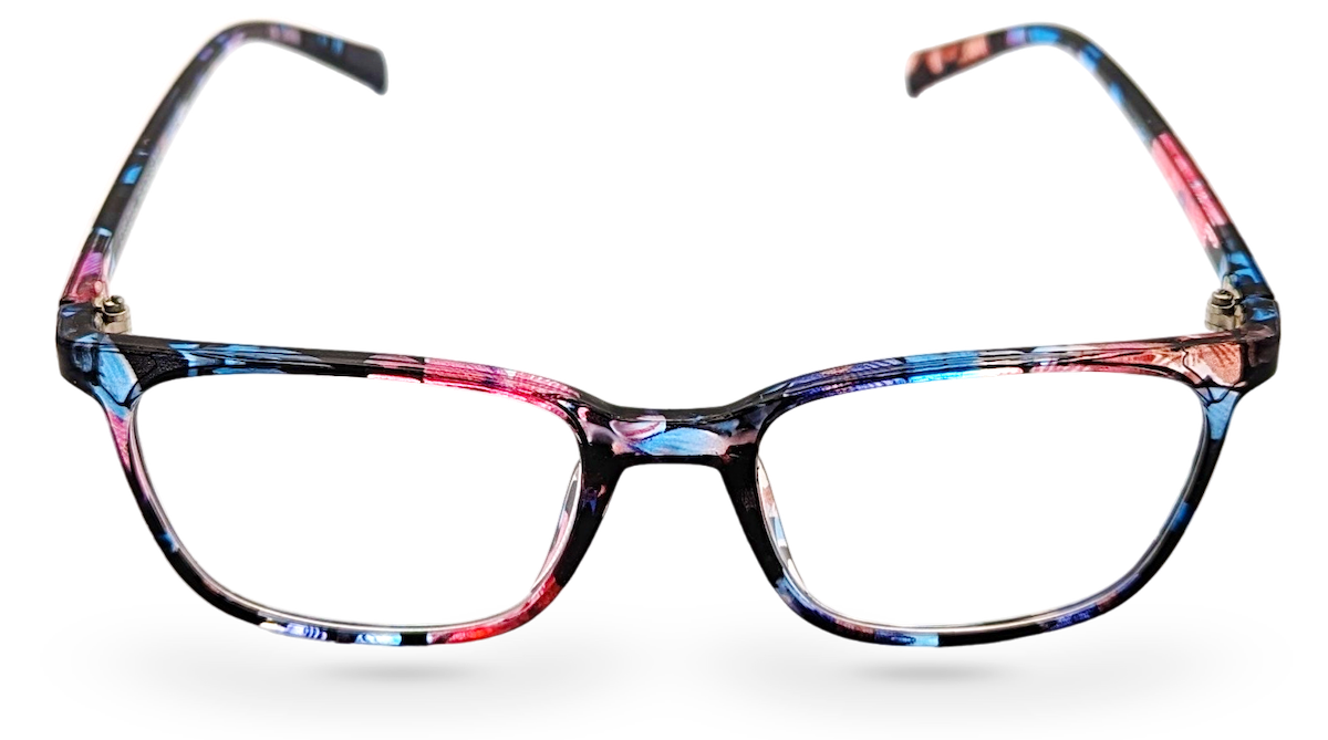 Eyelevel-UK Martinique reading glasses with a black and multicolour square plastic frame and clear magnifying lenses.