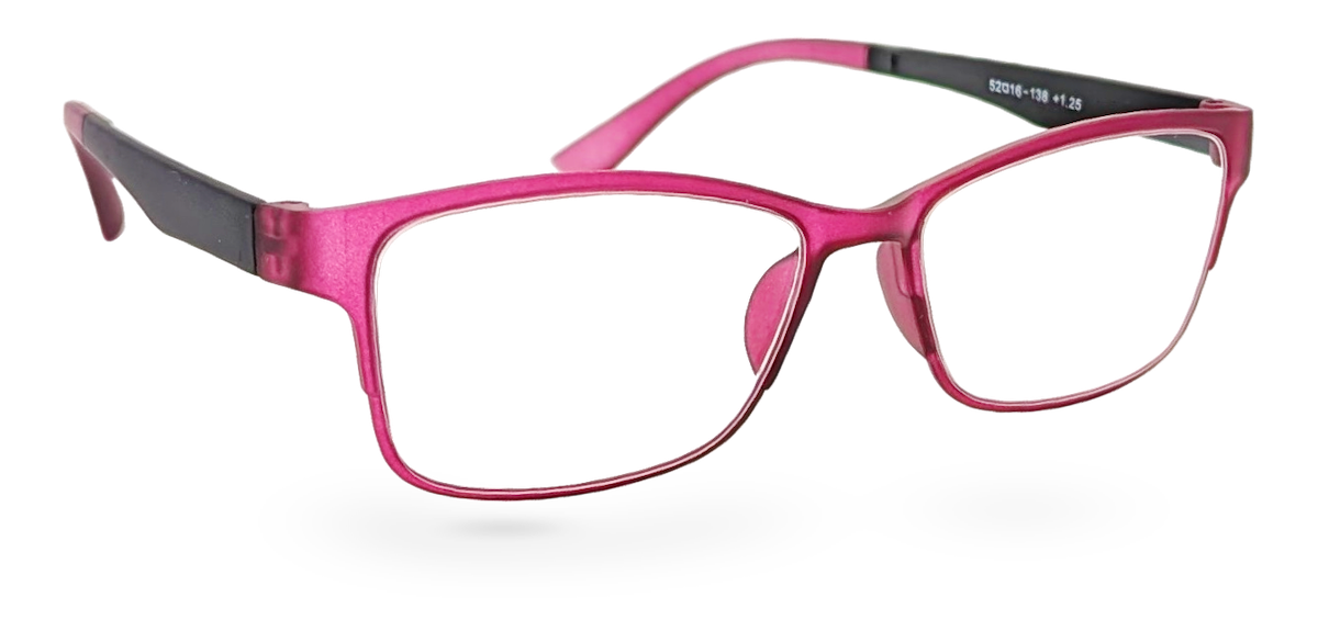 Eyelevel-UK Mauritius reading glasses with a pink and black rectangular plastic frame and clear magnifying lenses.