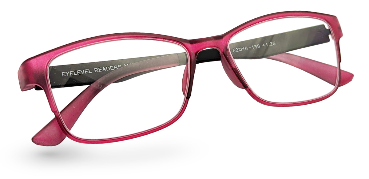 Eyelevel-UK Mauritius reading glasses with a pink and black softly squared plastic frame and clear magnifying lenses.
