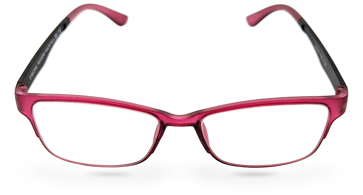 Eyelevel-UK Mauritius reading glasses with a pink and black softly squared plastic frame and clear magnifying lenses.