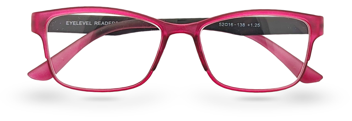 Eyelevel-UK Mauritius reading glasses with a pink and black softly squared plastic frame and clear magnifying lenses.