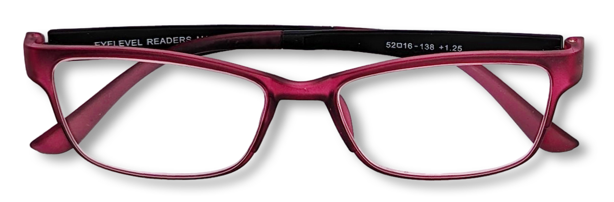 Eyelevel-UK Mauritius reading glasses with a pink and black softly squared plastic frame and clear magnifying lenses.